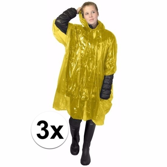 Wegwerp regenponcho - 3x - geel - voor volwassenen - met capuchon - budget line