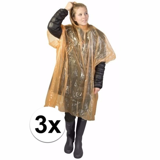 Wegwerp regenponcho - 3x - oranje - voor volwassenen - met capuchon - budget line