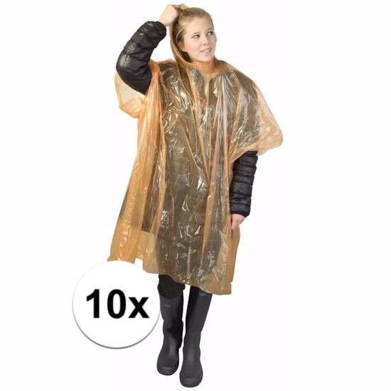 Wegwerp regenponcho - 10x - oranje - voor volwassenen - met capuchon - budget line