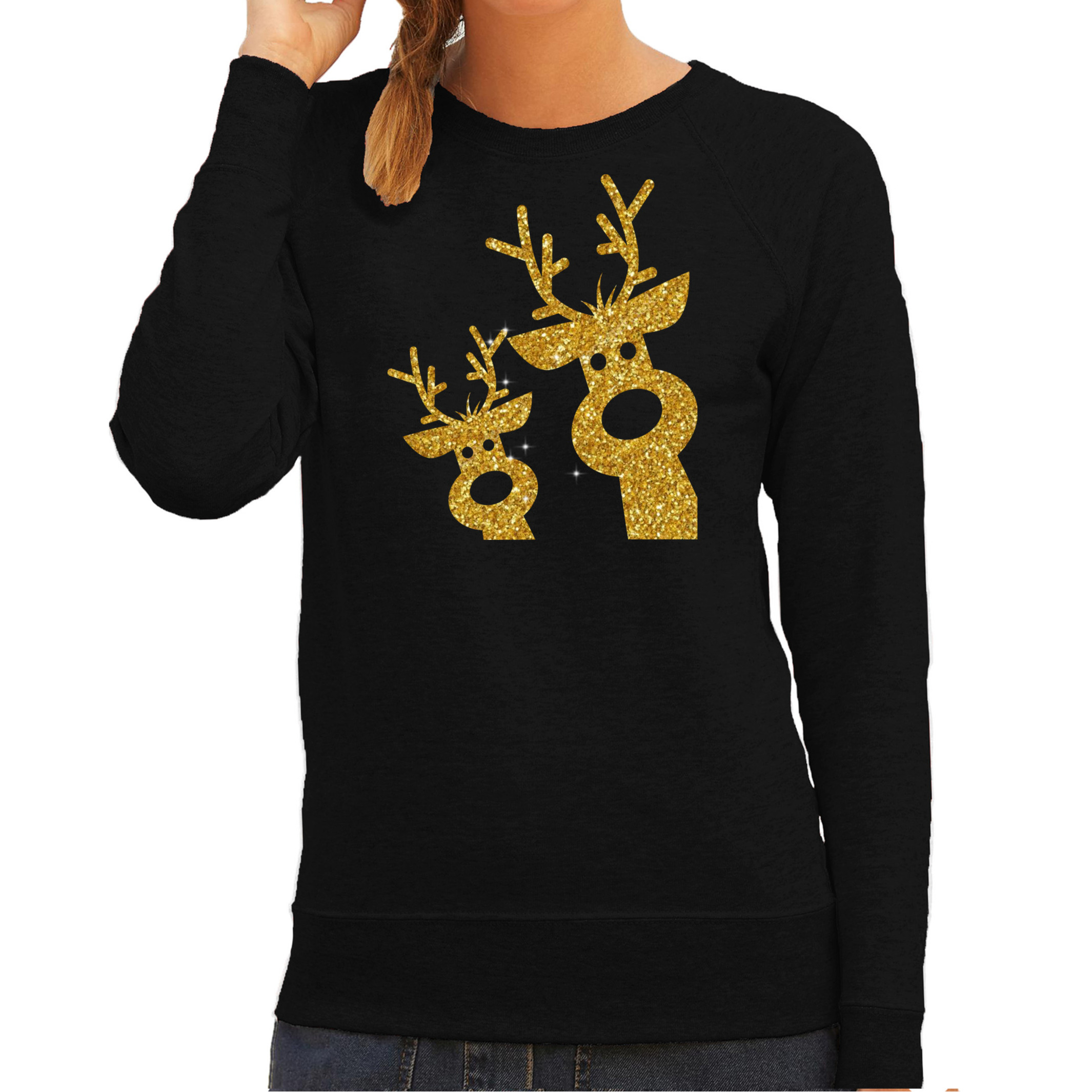 Bellatio Decorations foute kersttrui - sweater - dames - gouden rendieren - zwart - glitter goud