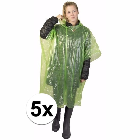 Wegwerp regenponcho - 5x - groen - voor volwassenen - met capuchon - budget line