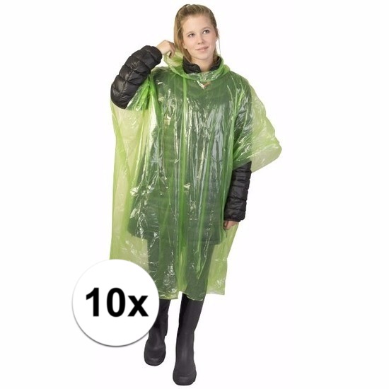 Wegwerp regenponcho - 10x - groen - voor volwassenen - met capuchon - budget line