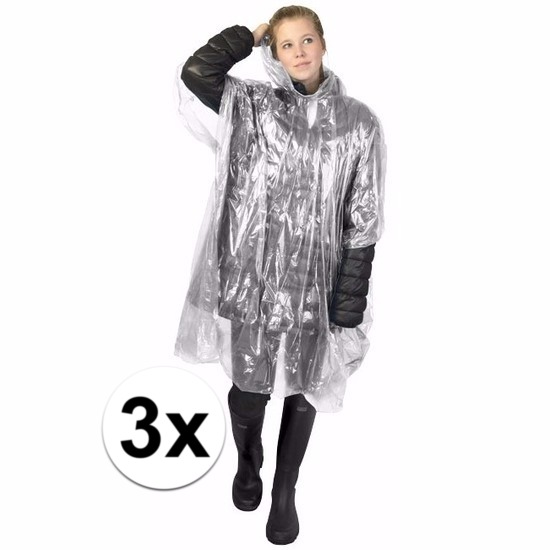 Wegwerp regenponcho - 3x - transparant - voor volwassenen - met capuchon - budget line
