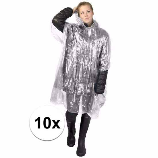 Wegwerp regenponcho - 10x - transparant - voor volwassenen - met capuchon - budget line