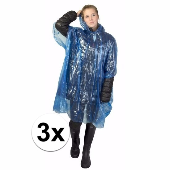 Wegwerp regenponcho - 3x - blauw - voor volwassenen - met capuchon - budget line