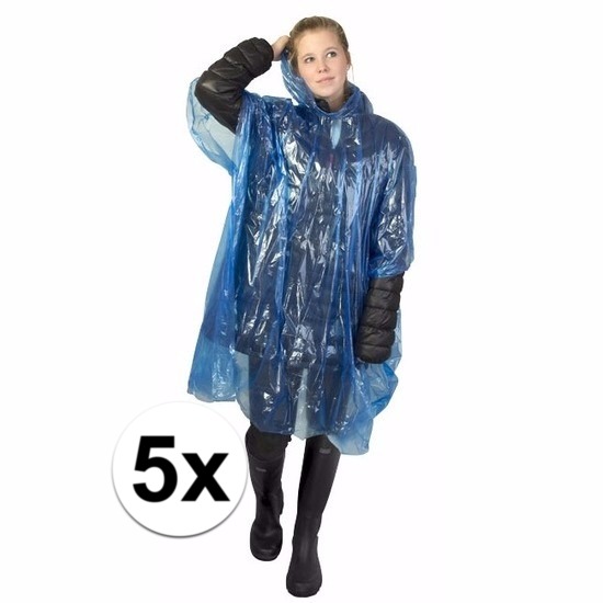 Wegwerp regenponcho - 5x - blauw - voor volwassenen - met capuchon - budget line