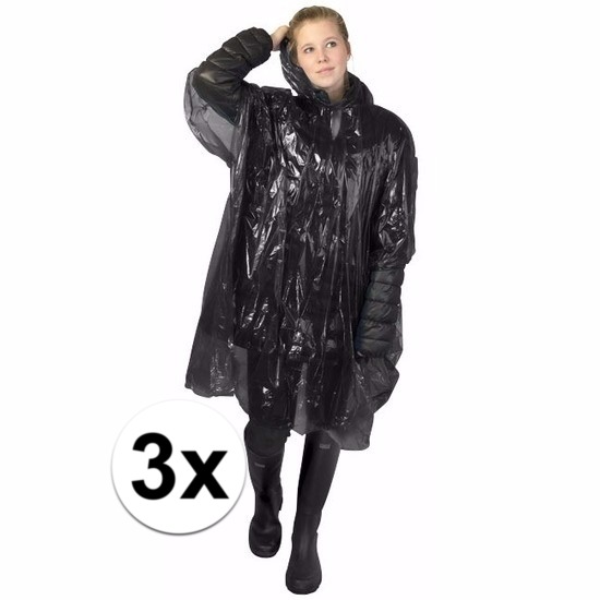 Wegwerp regenponcho - 3x - zwart - voor volwassenen - met capuchon - budget line