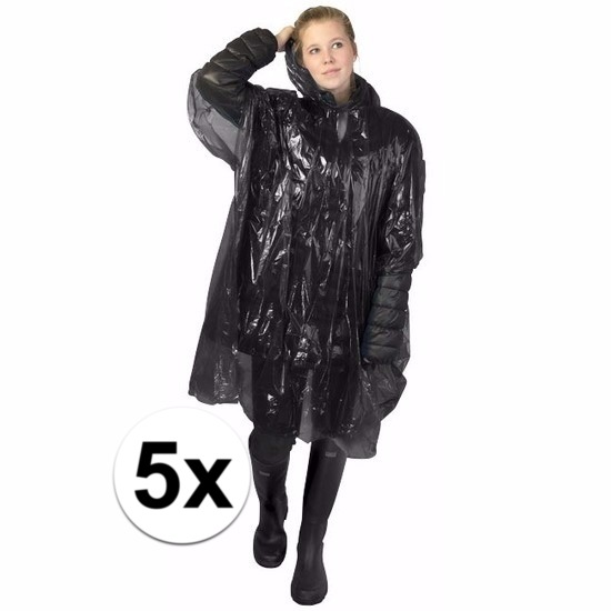 Wegwerp regenponcho - 5x - zwart - voor volwassenen - met capuchon - budget line