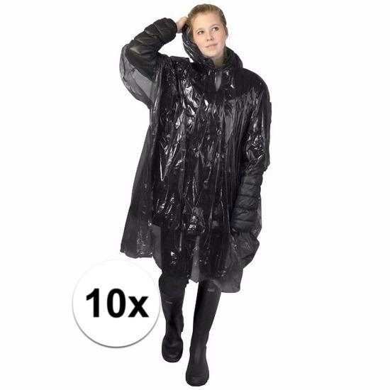 Wegwerp regenponcho - 10x - zwart - voor volwassenen - met capuchon - budget line