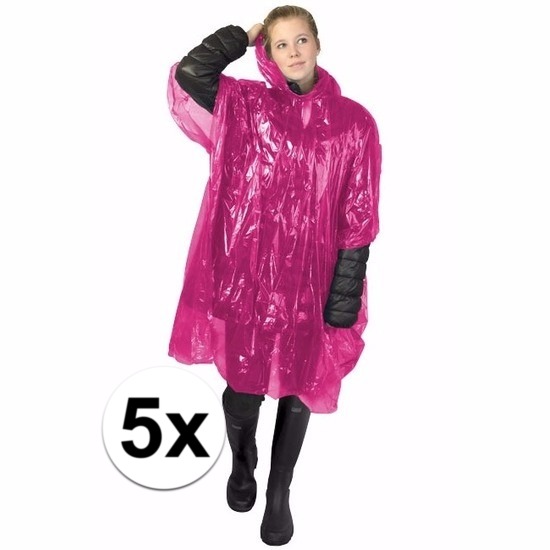Wegwerp regenponcho - 5x - roze - voor volwassenen - met capuchon - budget line