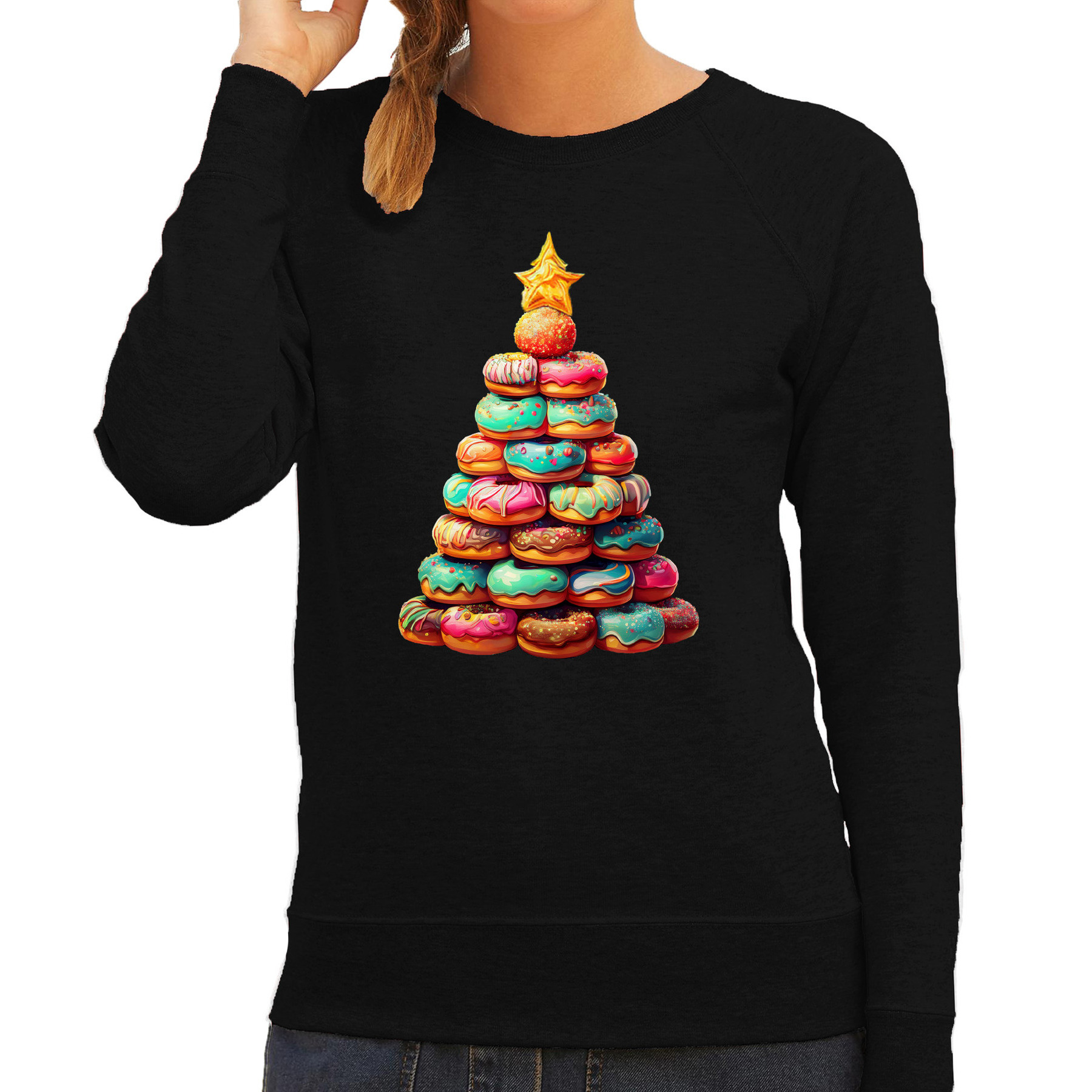 Kersttrui / sweater dames - kerstboom van donuts - zwart - lekkernijen - Merry Christmas