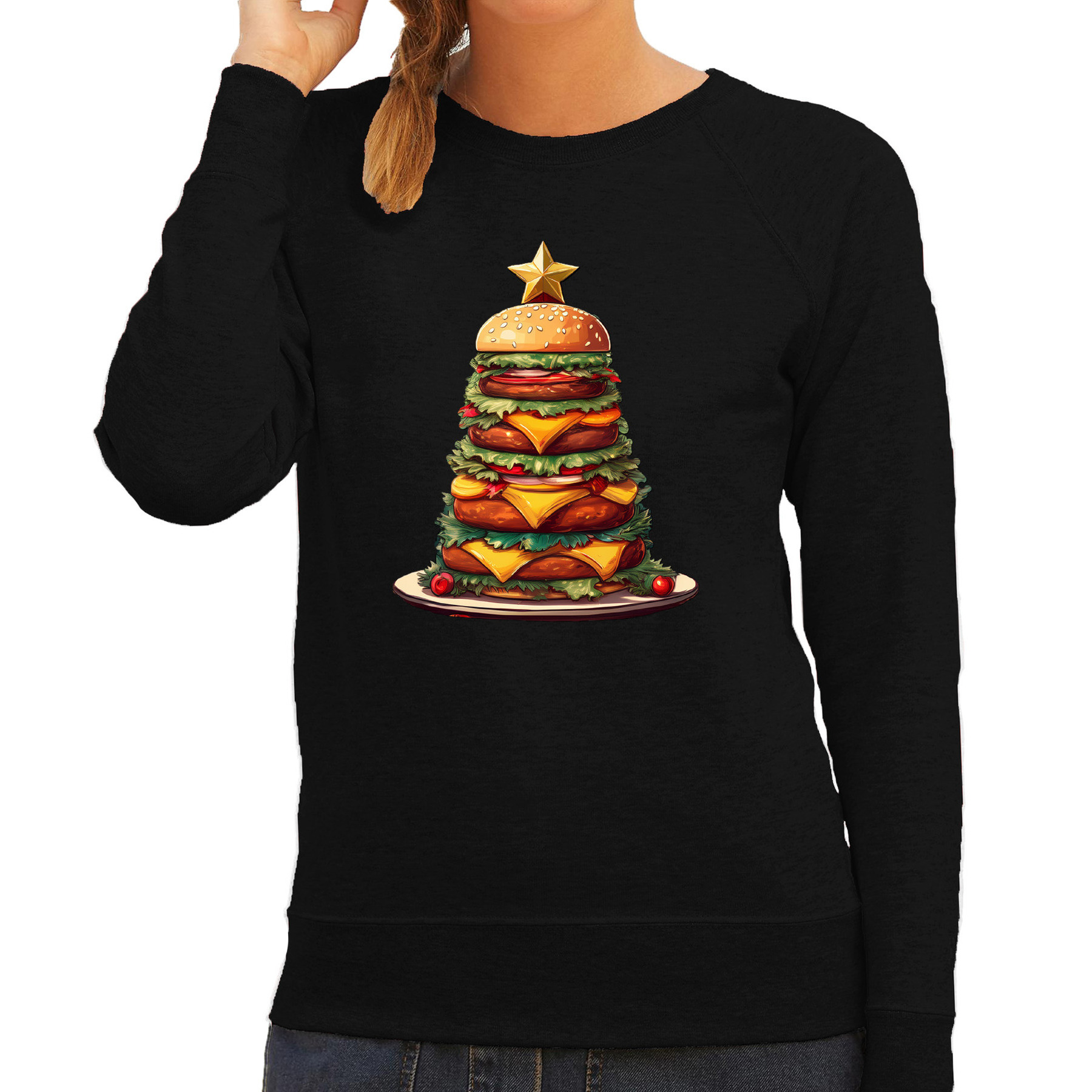 Kersttrui/sweater dames - kerstboom van hamburgers - zwart - burgerfan - Merry Christmas