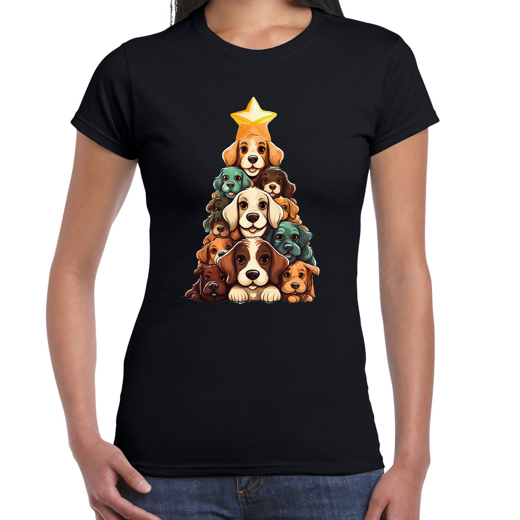 Kerst T-shirt voor dames - kerstboom van hondjes - zwart - kersthondjes - Kerstmis