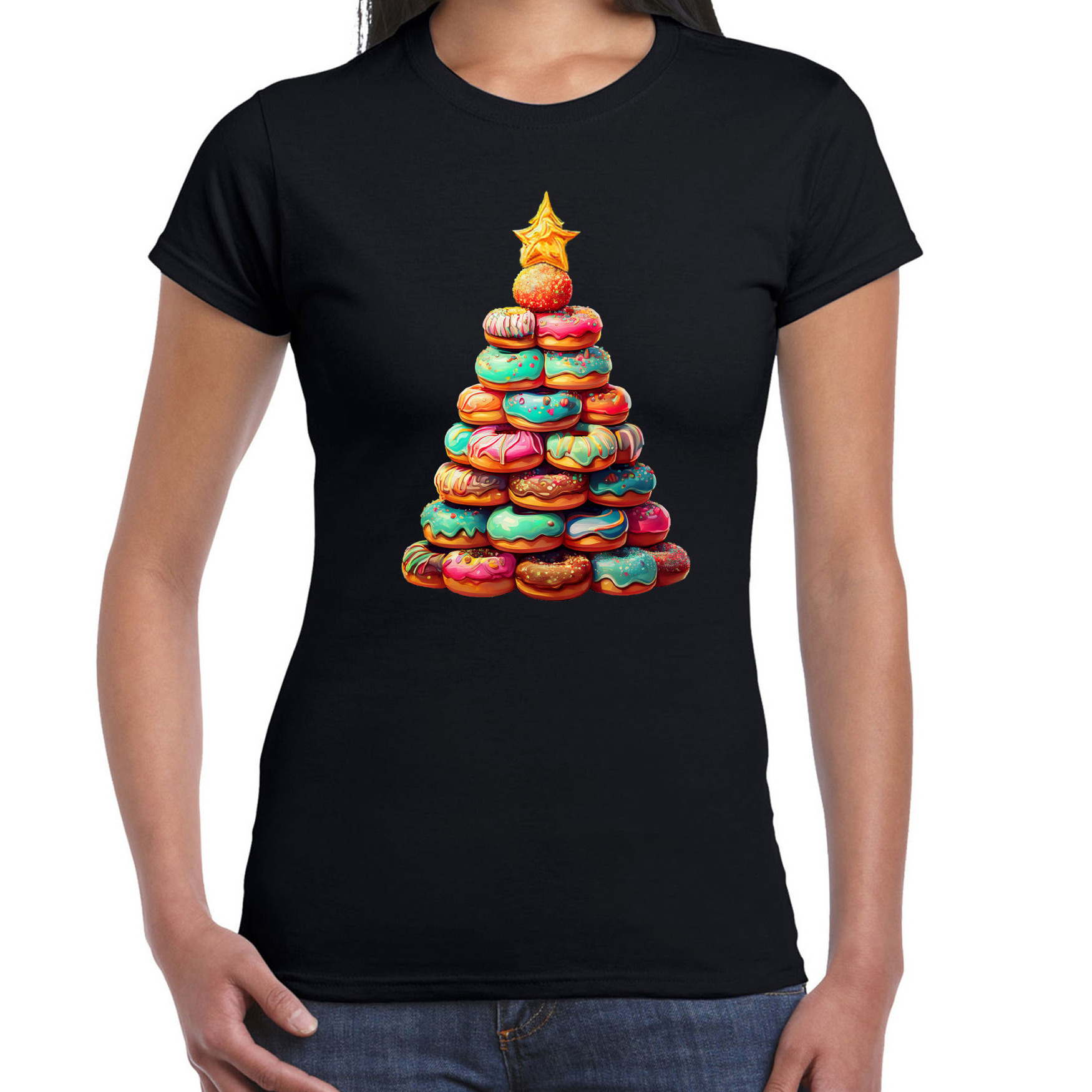 Kerst T-shirt voor dames - kerstboom van donuts - zwart - lekkernijen - Merry Christmas
