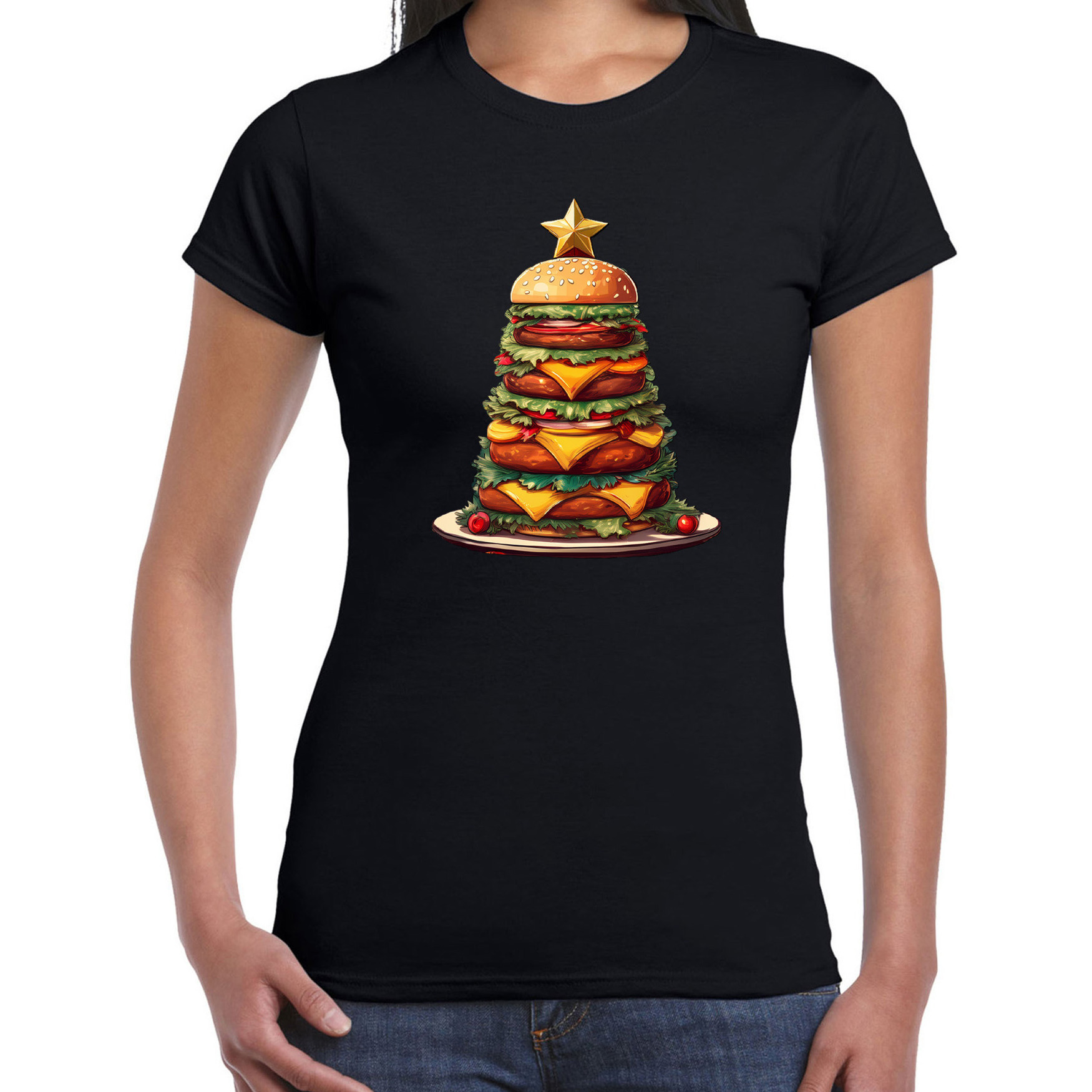 Kerst T-shirt voor dames - kerstboom van hamburgers - zwart - burgerfan - Merry Christmas