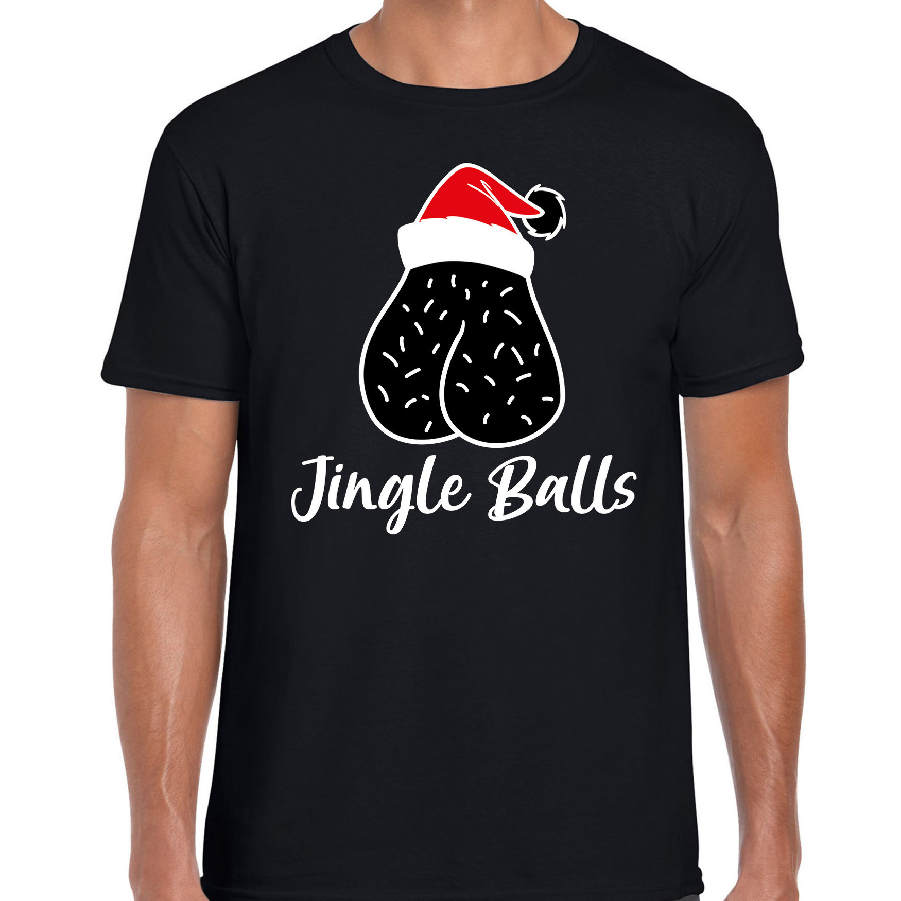 Foute humor Kerst T-shirt voor heren - jingle balls - zwart - kerstmuts