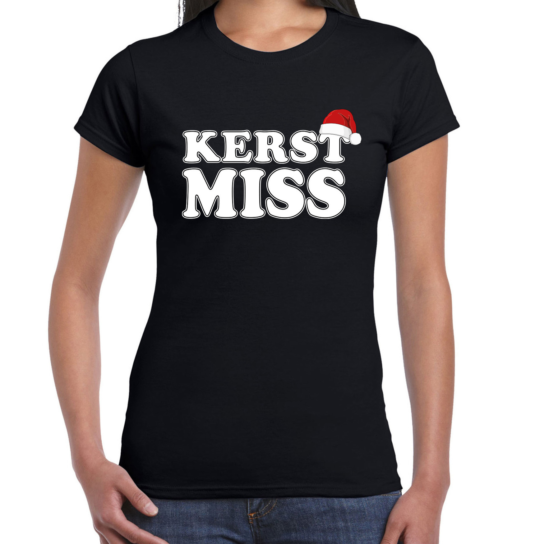Foute Kerst T-shirt voor dames - Kerstmiss - zwart - Kerstmuts