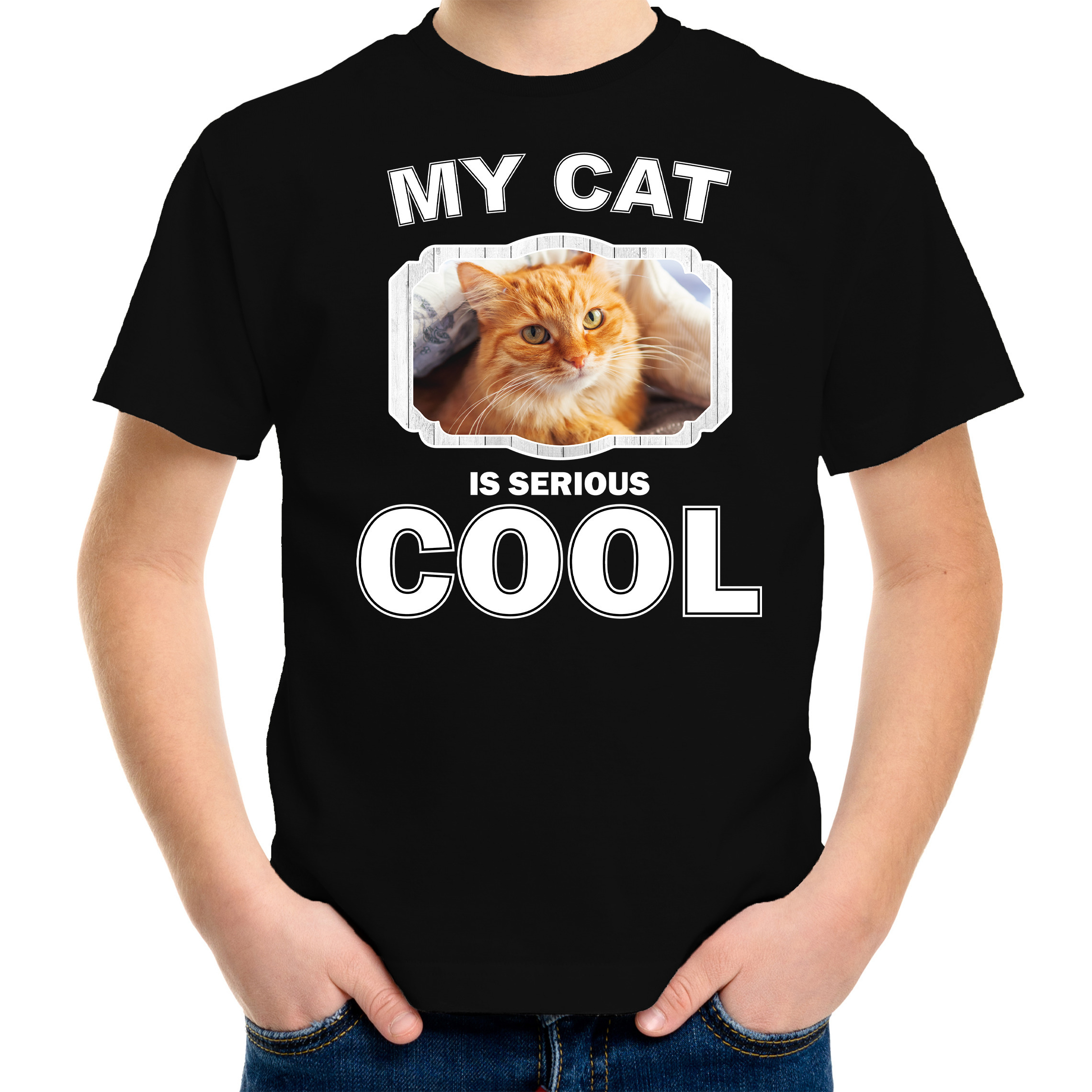 Rode kat katten / poezen t-shirt my cat is serious cool zwart voor kinderen