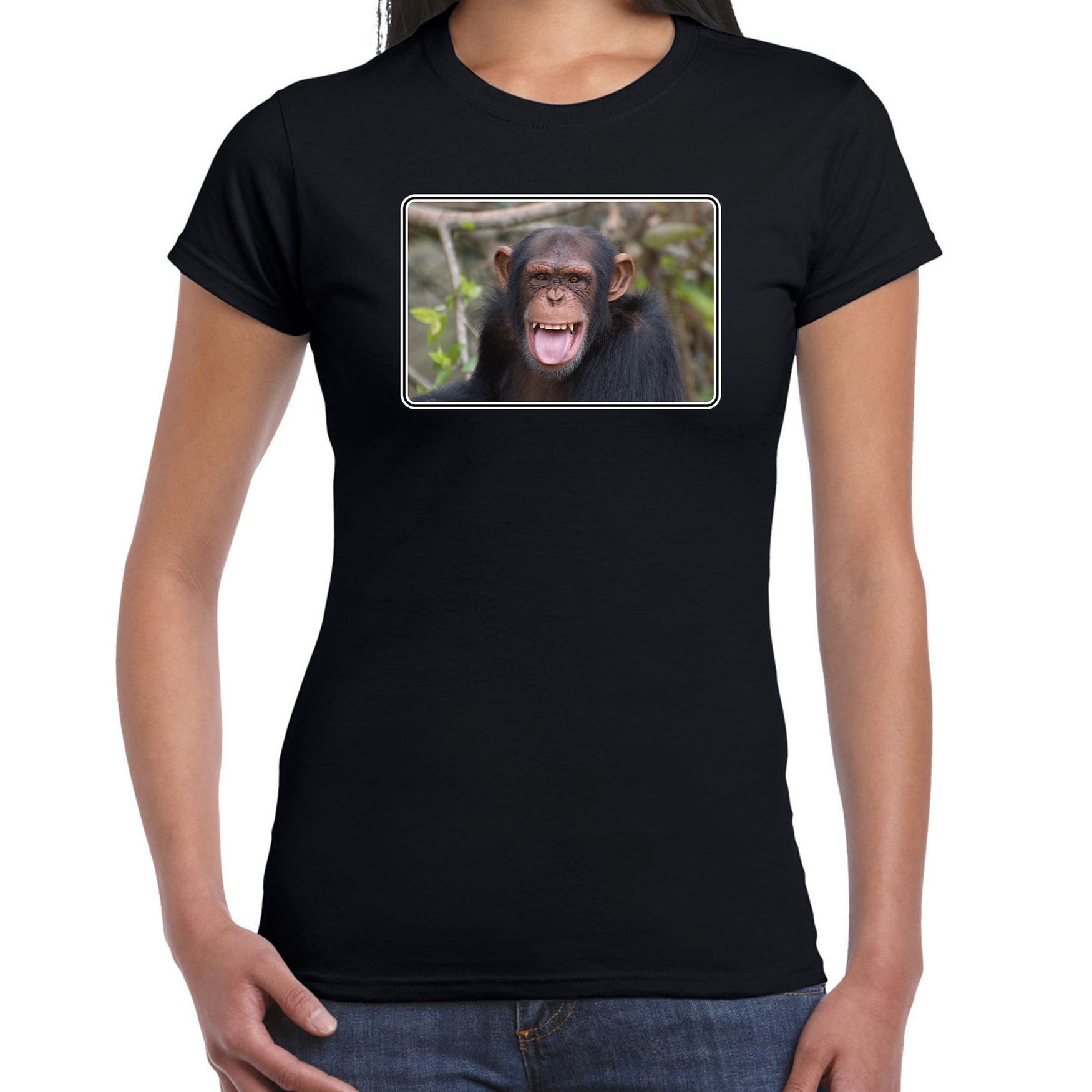 Dieren t-shirt met Chimpansee apen foto zwart voor dames