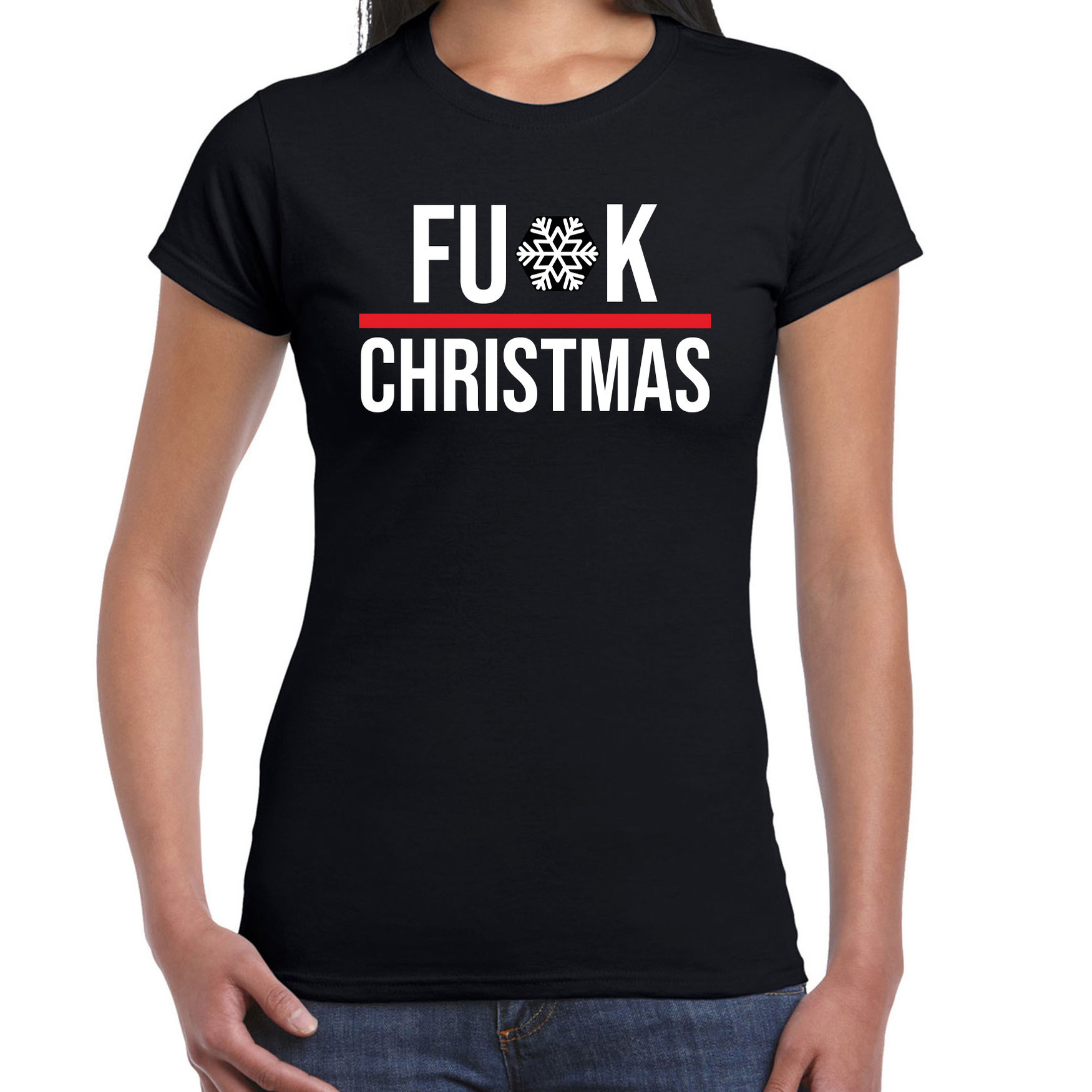 Foute Kerst T-shirt voor dames - Fu*k Christmas - zwart - Kerstfeest