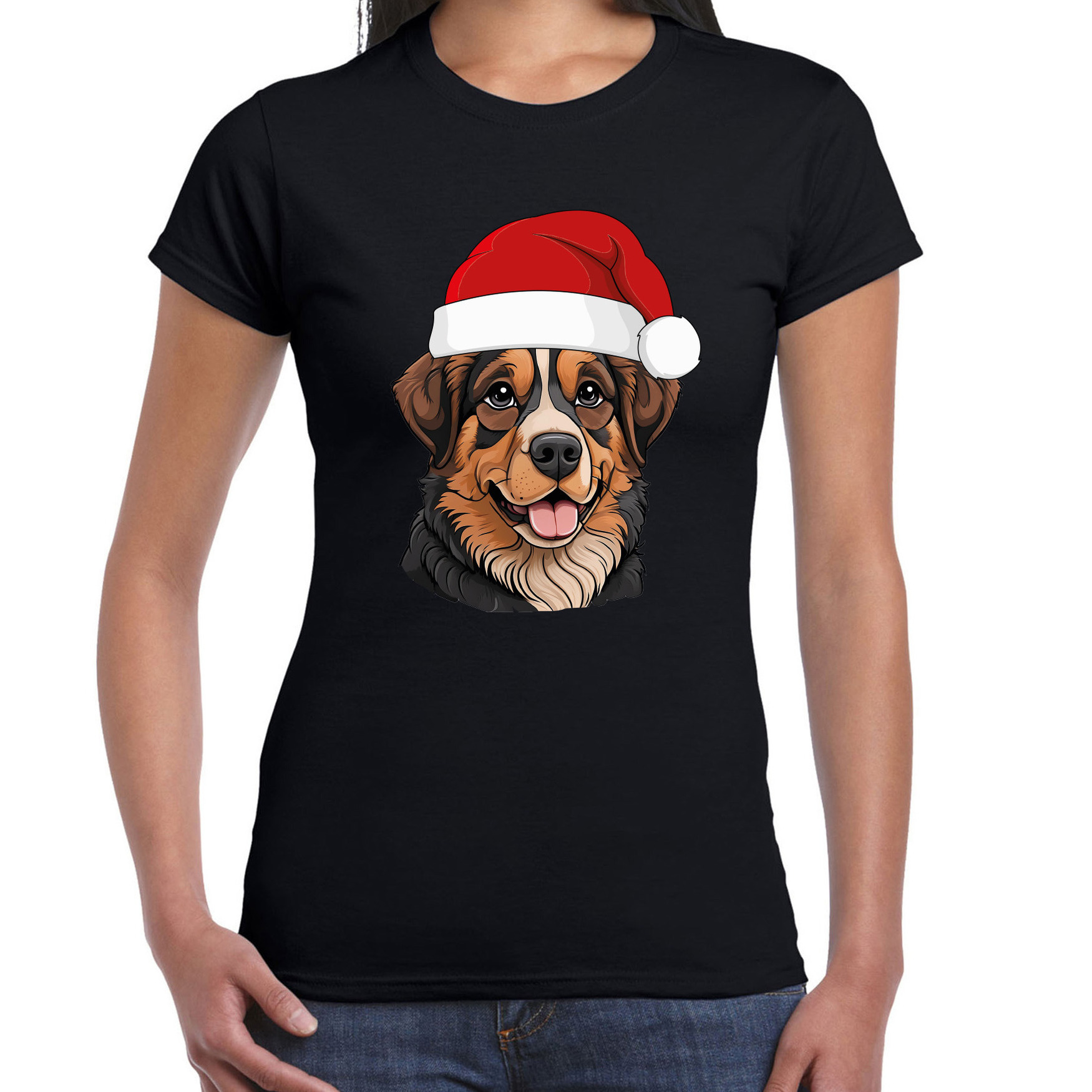 Kerst T-shirt voor dames - Berner Senne hond - met kerstmuts - zwart - Kerstfeest