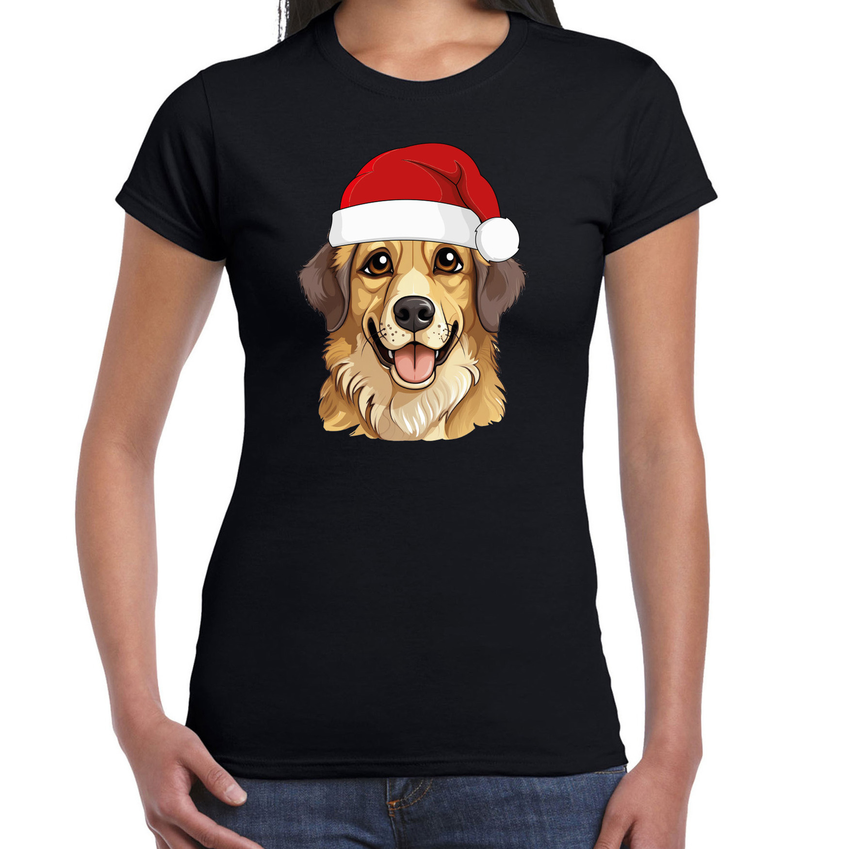 Kerst T-shirt voor dames - Golden Retriever hond - met kerstmuts - zwart - Kerstfeest