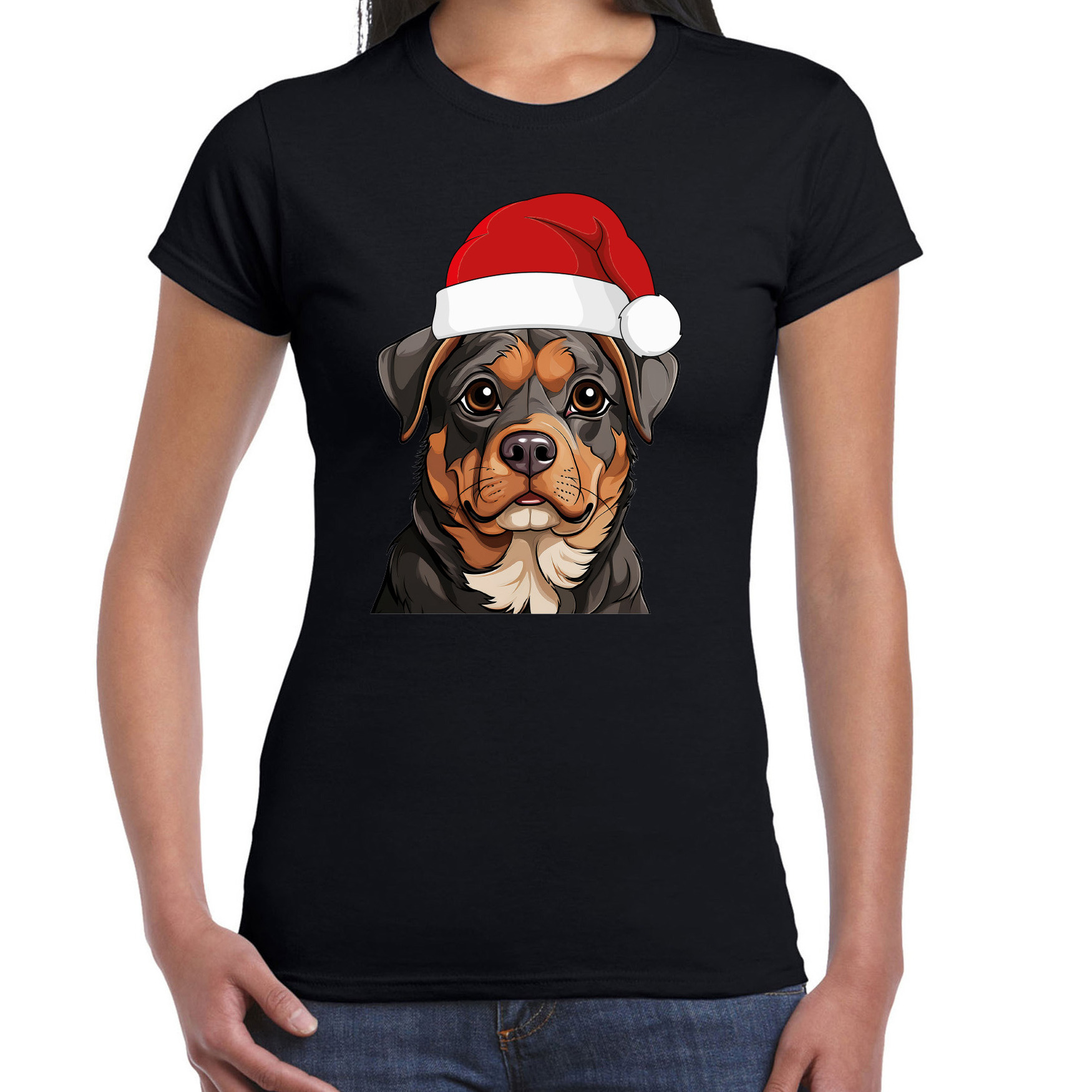 Kerst T-shirt voor dames - Rottweiler hond met kerstmuts - zwart - Kerstfeest