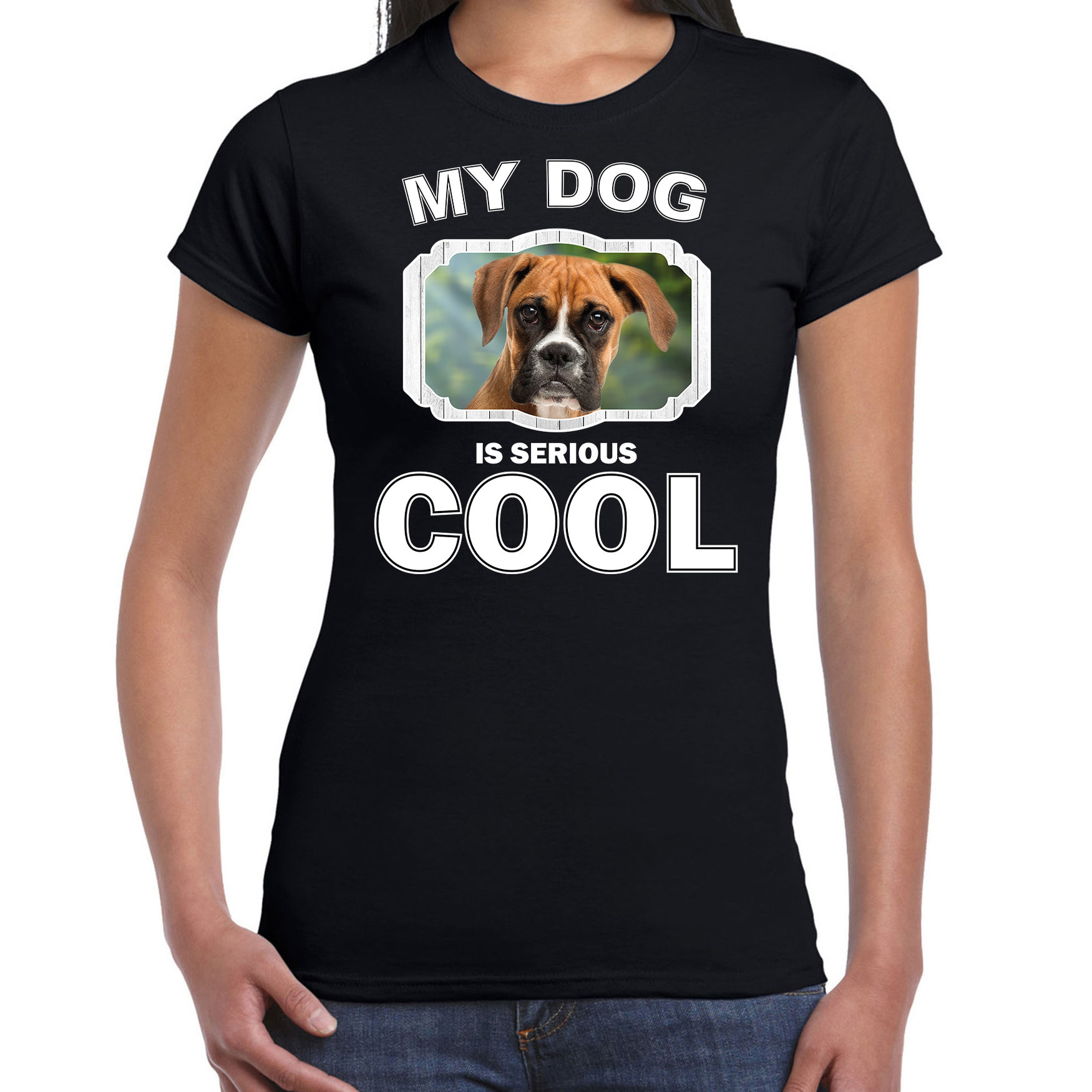 Boxer honden t-shirt my dog is serious cool zwart voor dames