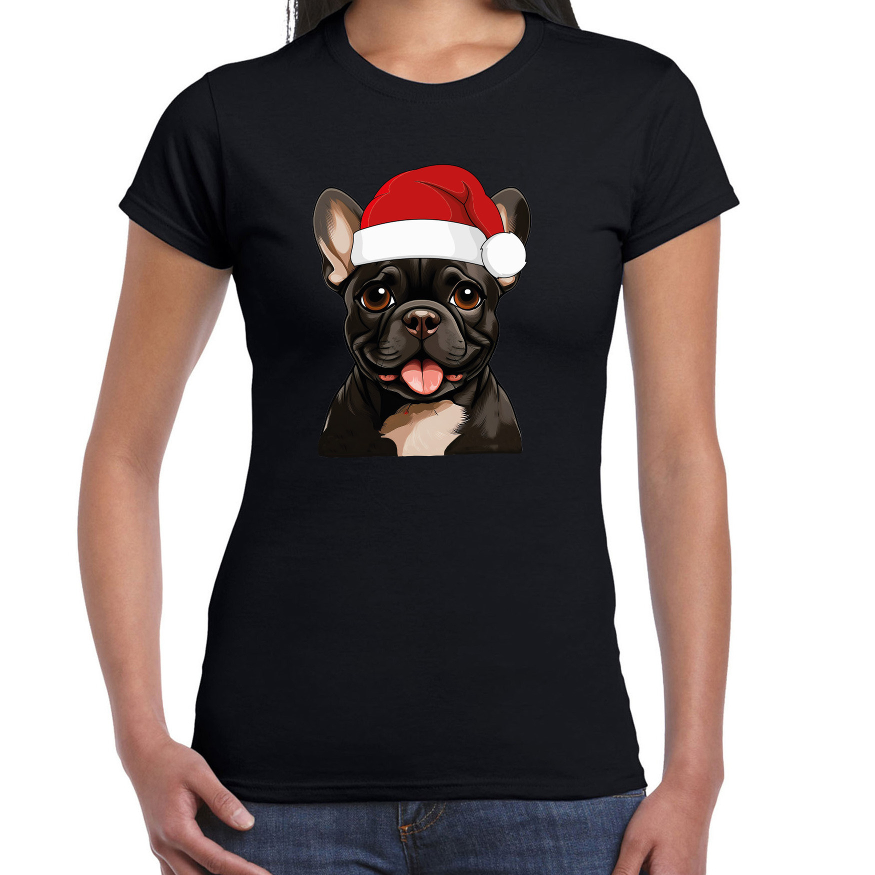 Kerst T-shirt dames - honden - Franse Bulldog met kerstmuts - zwart - Kerstfeest