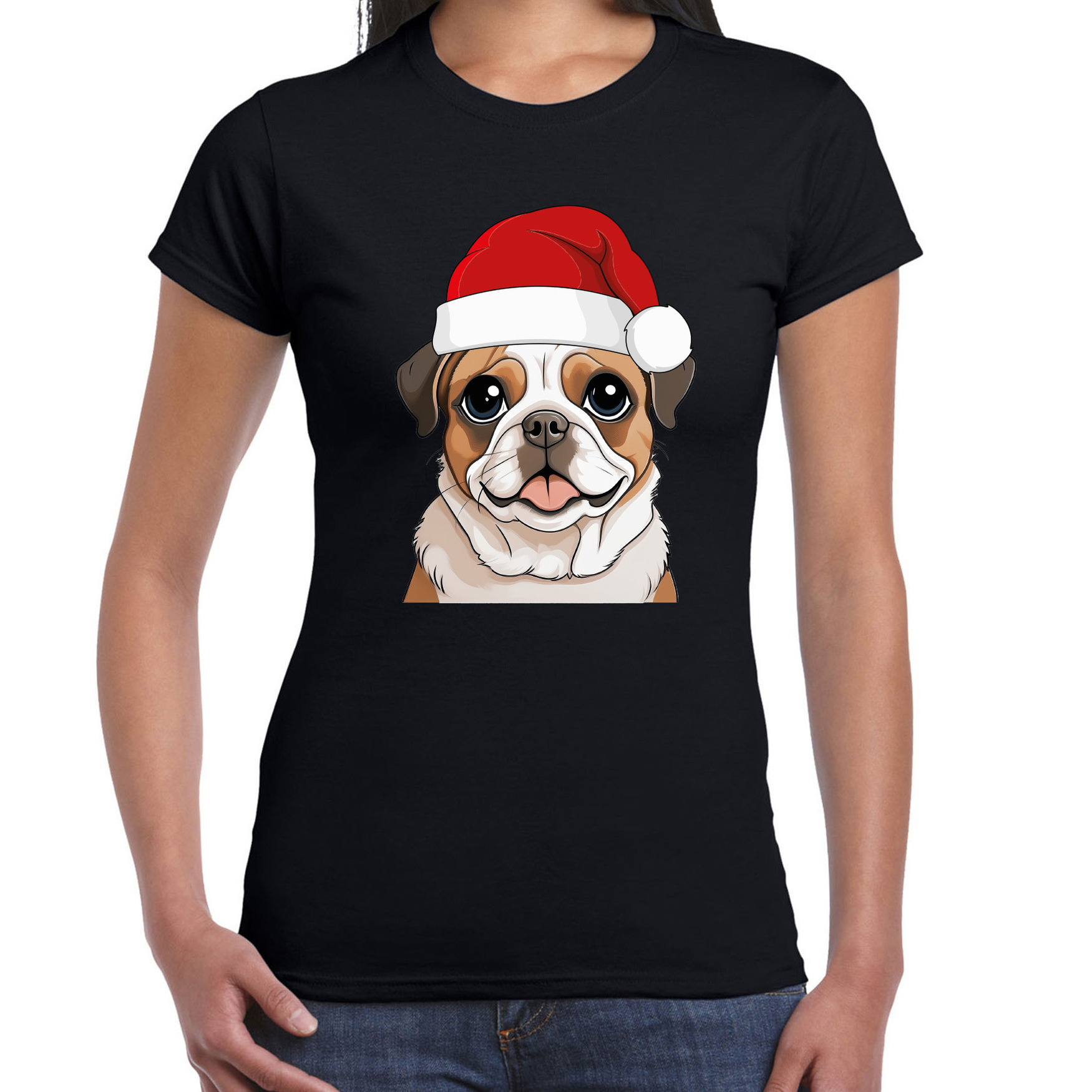 Kerst T-shirt voor dames - honden - Mopshondje met kerstmuts - zwart - Kerstfeest