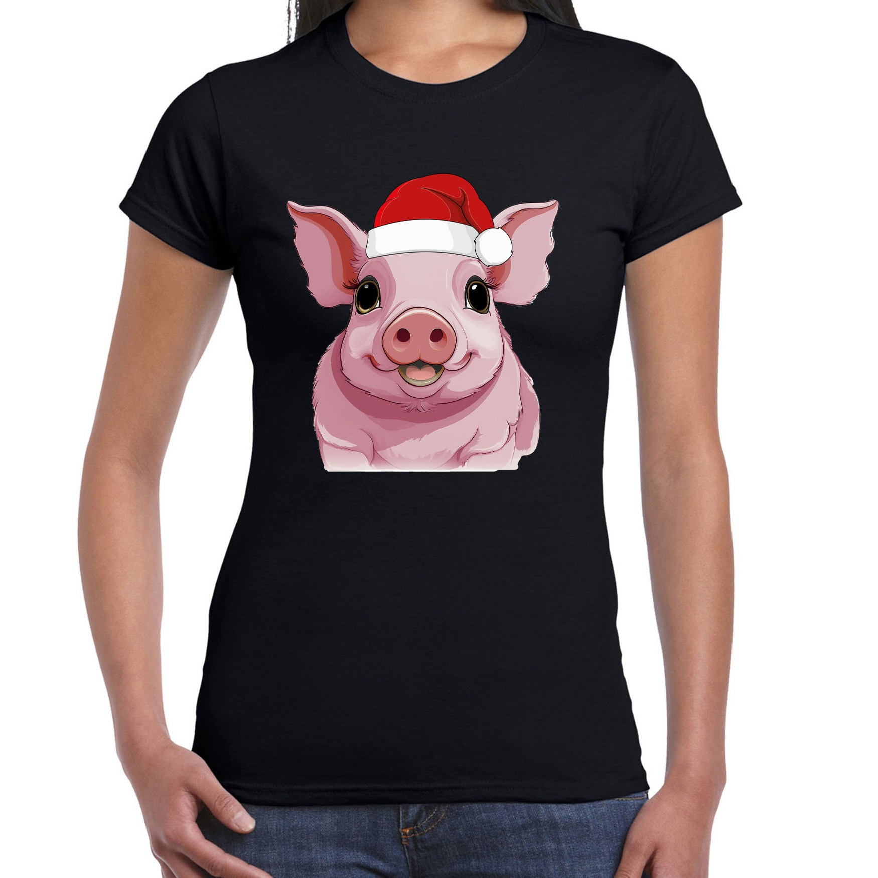 Kerst T-shirt voor dames - roze varken met kerstmuts - zwart - Kerstfeest