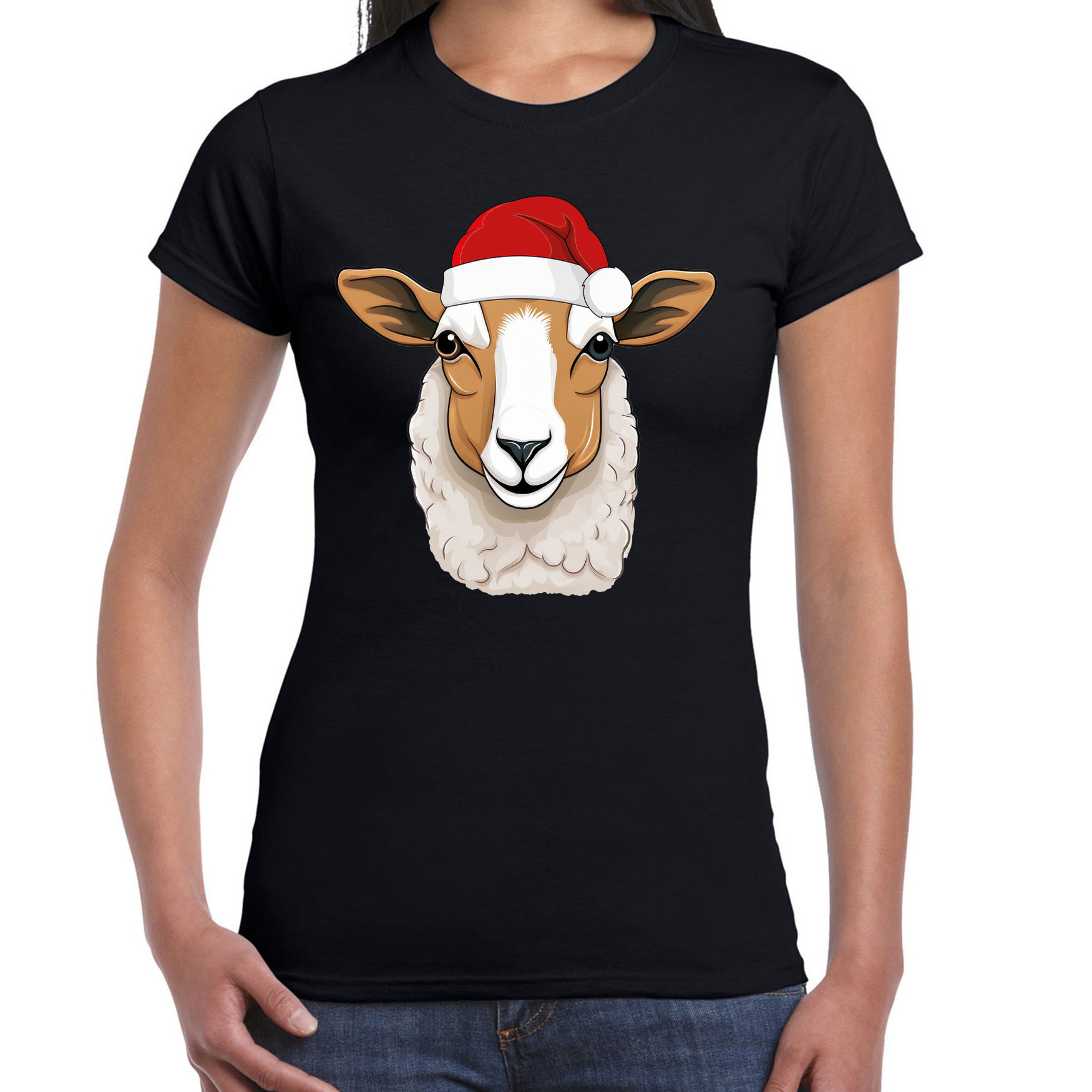 Kerst T-shirt voor dames - schaap met kerstmuts - zwart - Kerstfeest