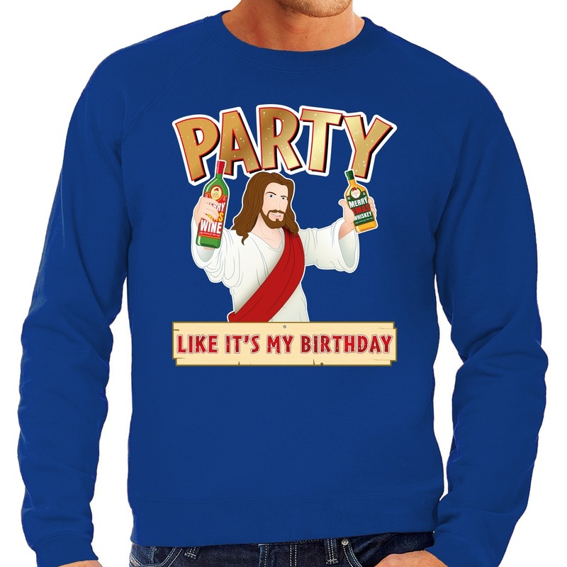 Foute Kersttrui - sweater - Party Jezus - blauw - voor heren - kerstkleding