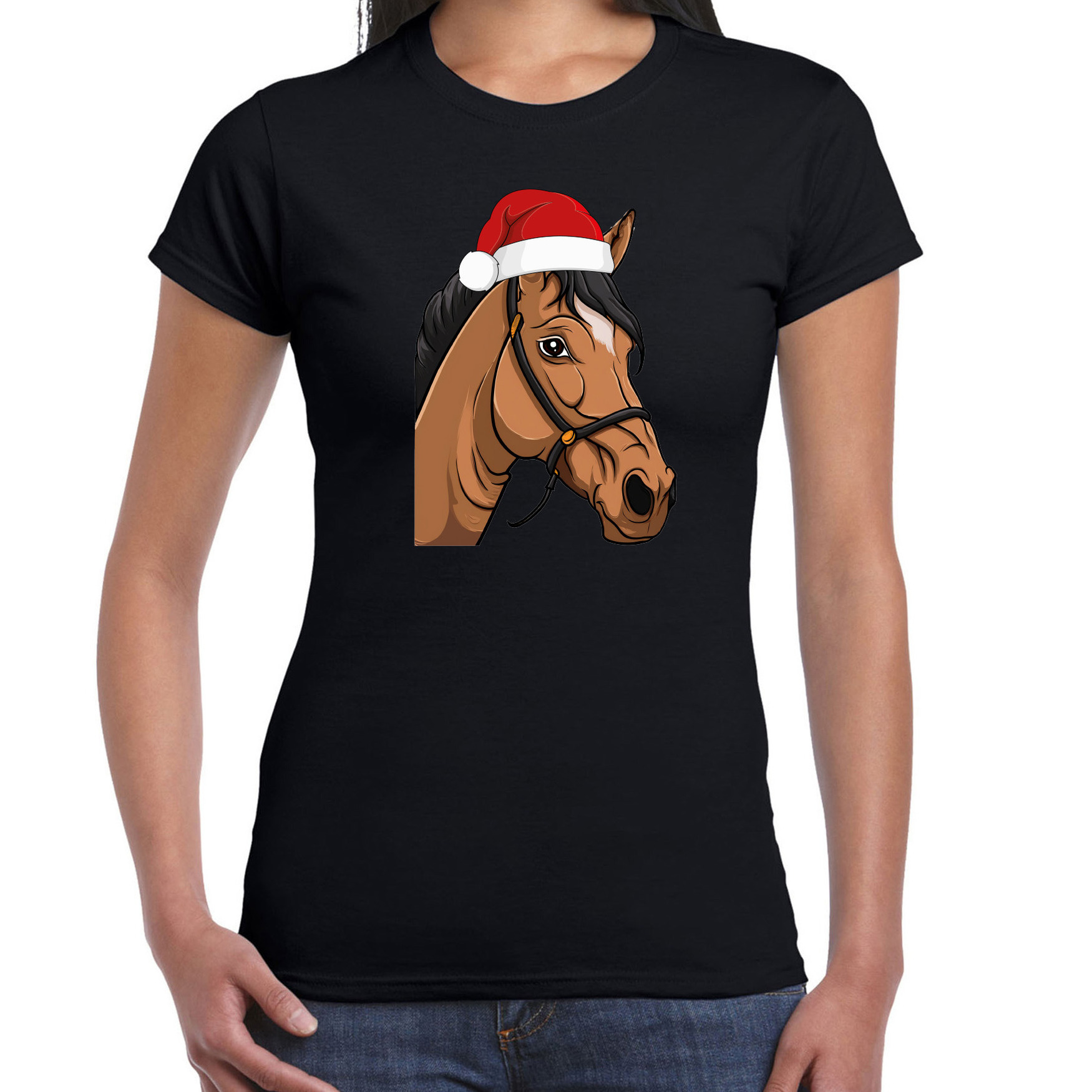 Kerst T-shirt voor dames - paard met kerstmuts - zwart - Kerstfeest