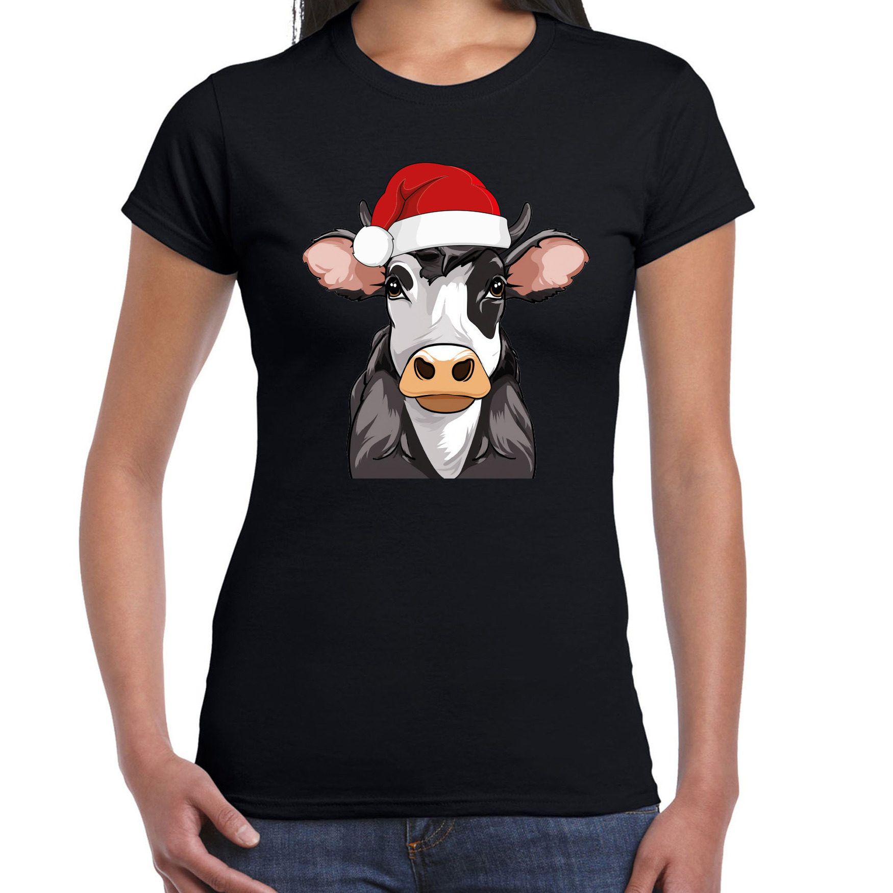 Kerst T-shirt voor dames - koe met kerstmuts - zwart - Kerstfeest