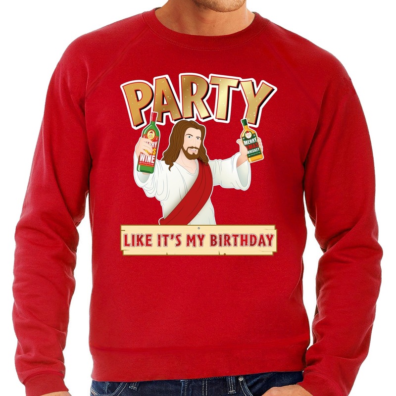 Foute Kersttrui - sweater - Party Jezus - rood - voor heren - kerstkleding