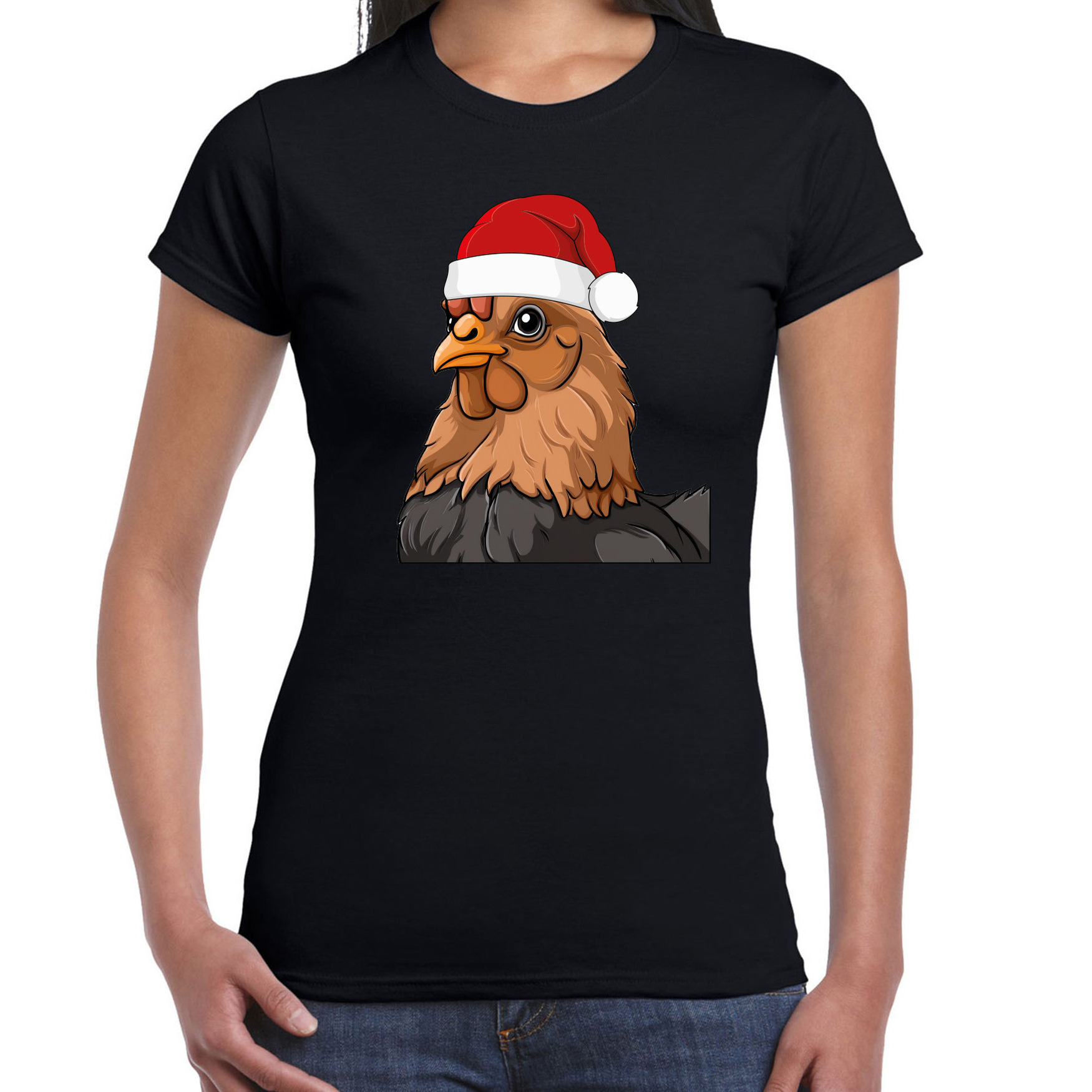 Kerst T-shirt voor dames - kip met kerstmuts - zwart - Kerstfeest