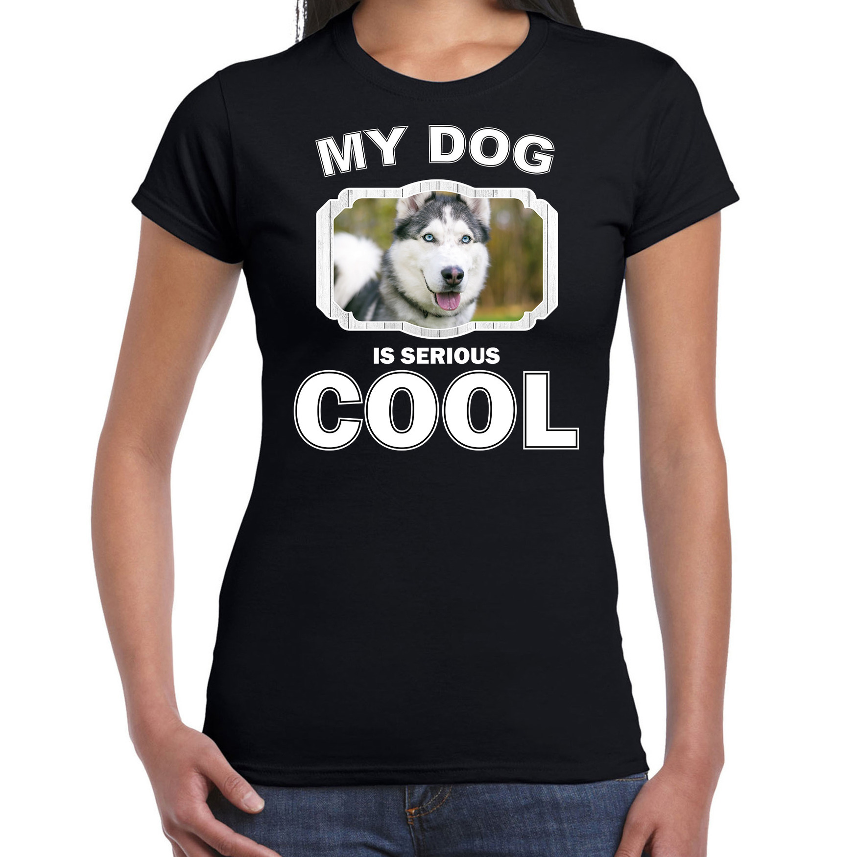 Husky honden t-shirt my dog is serious cool zwart voor dames