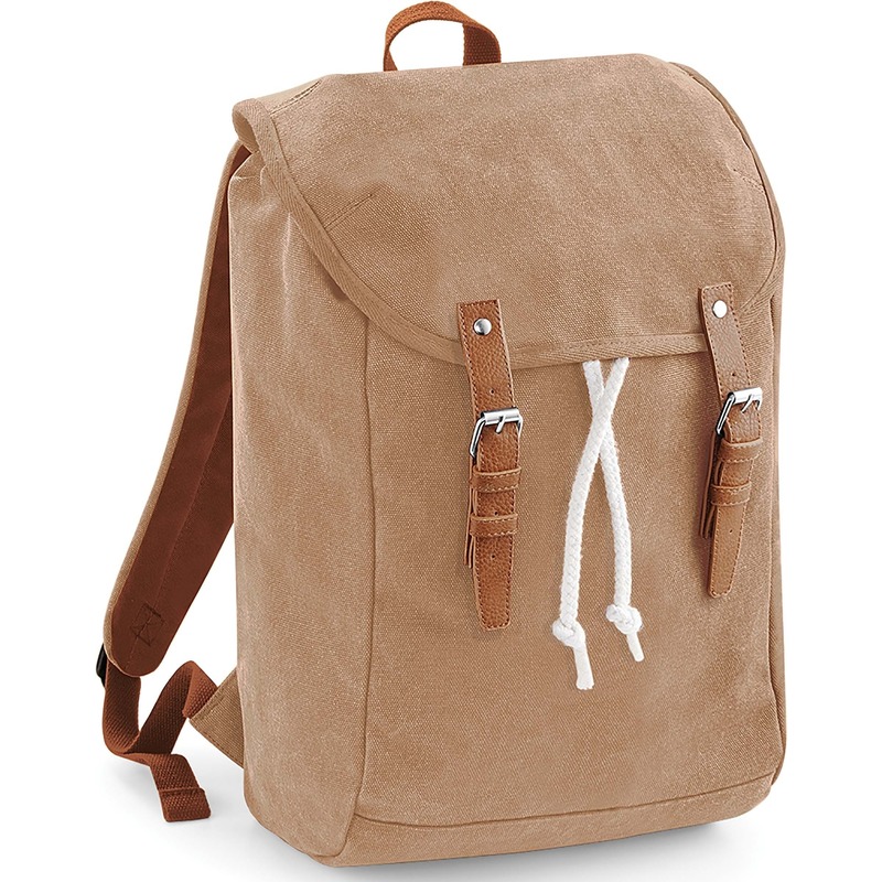 Vintage schooltas rugzak/rugtas canvas camel bruin 26 x 45 cm 19 liter