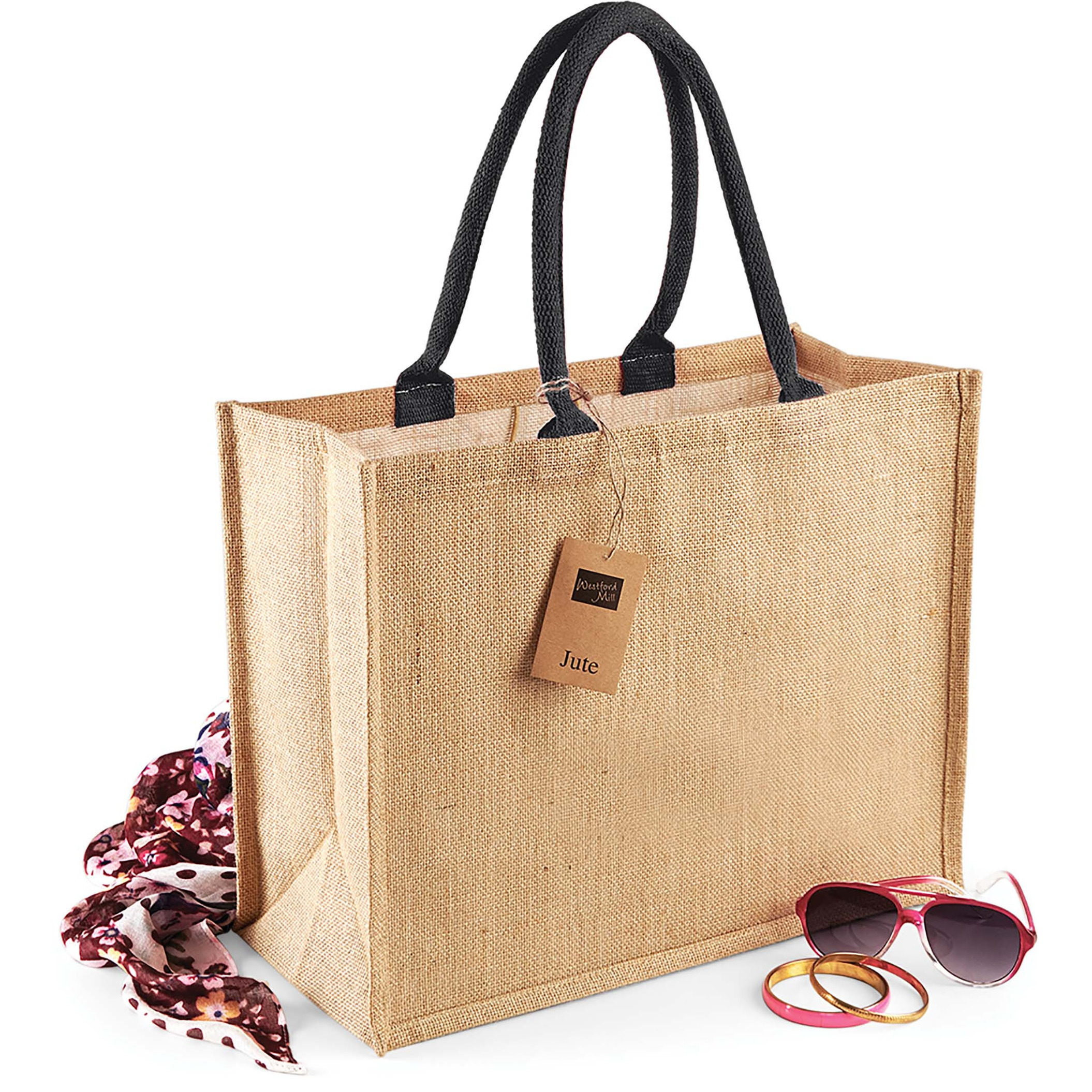 Jute boodschappentas/shopper - naturel/zwart - 42 x 33 x 19 cm