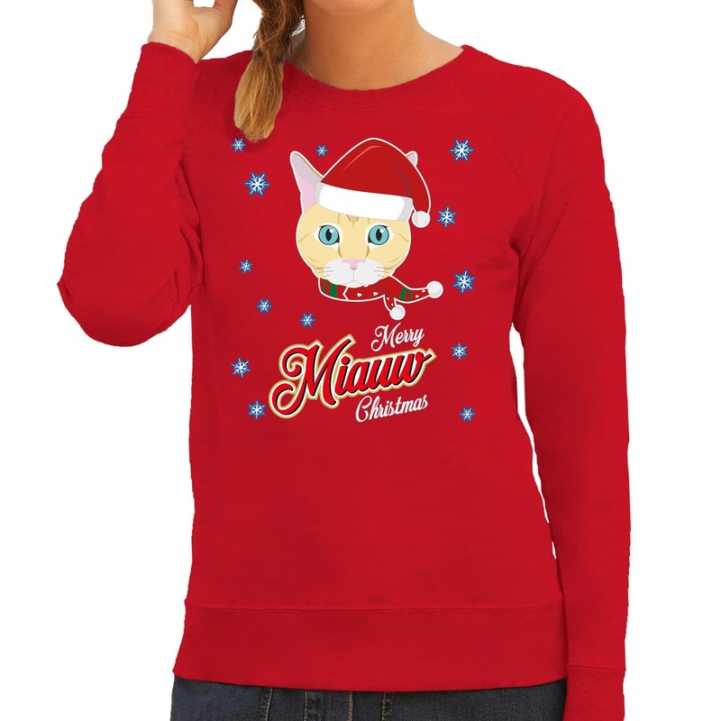 Foute Kersttrui - sweater - Merry Miauw Christmas - kat / poes - rood - voor dames - kerstkleding