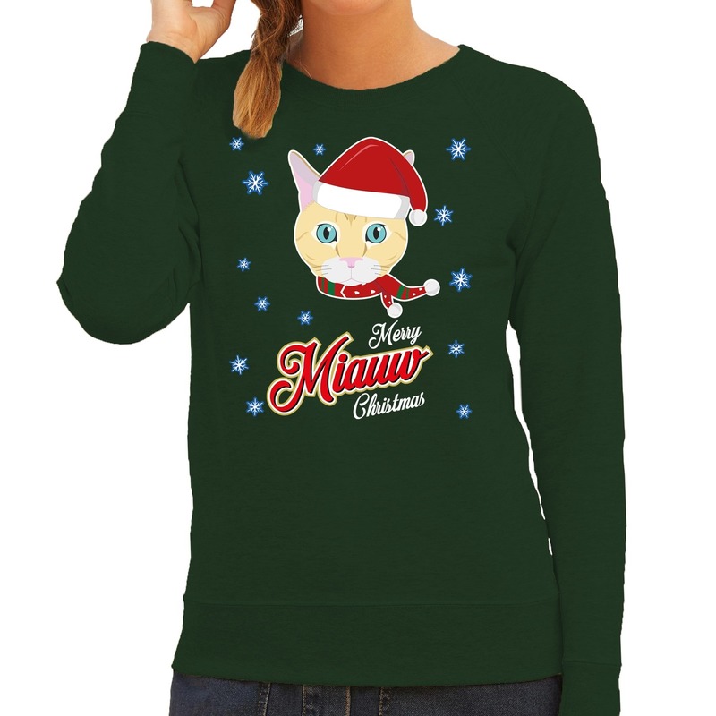 Foute Kersttrui - sweater - Merry Miauw Christmas - kat / poes - groen - voor dames - kerstkleding