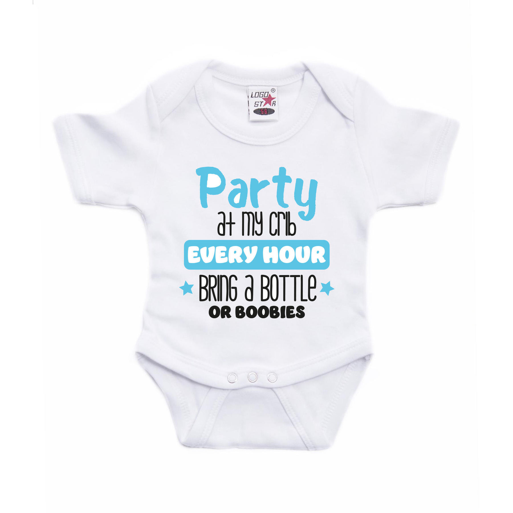 Baby rompertje - party at my crib - blauw - kraam cadeau - babyshower - cadeau romper