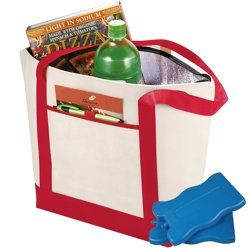 Rood/naturel draag koeltas met 4x koelelementen set