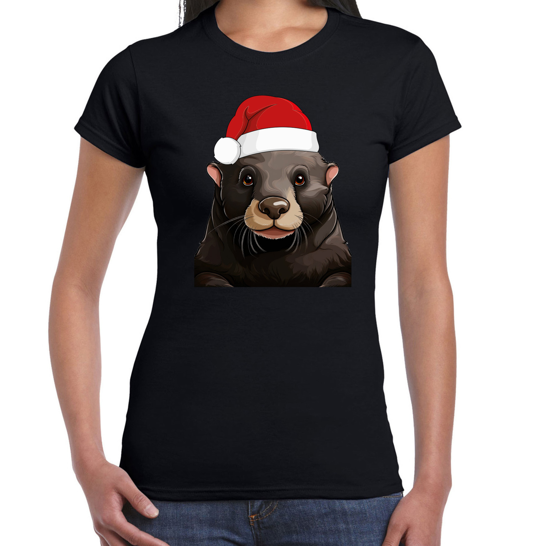Kerst T-shirt voor dames - (familie) Mol met kerstmuts - zwart - Kerstfeest