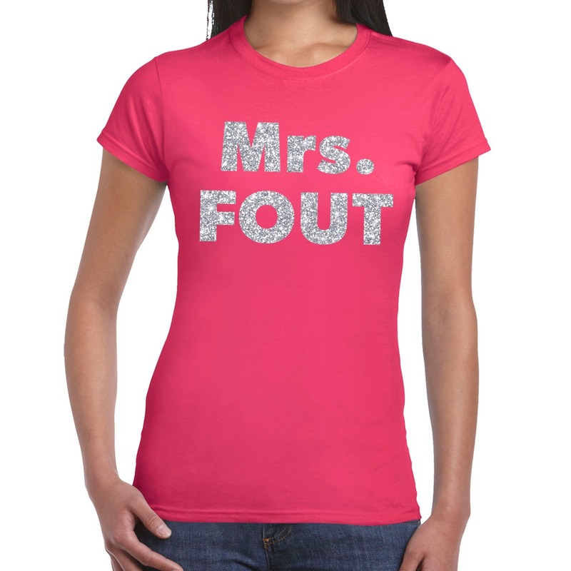 Verkleed t-shirt voor dames - Mrs. Fout - zilver glitter - roze - foute party kleding