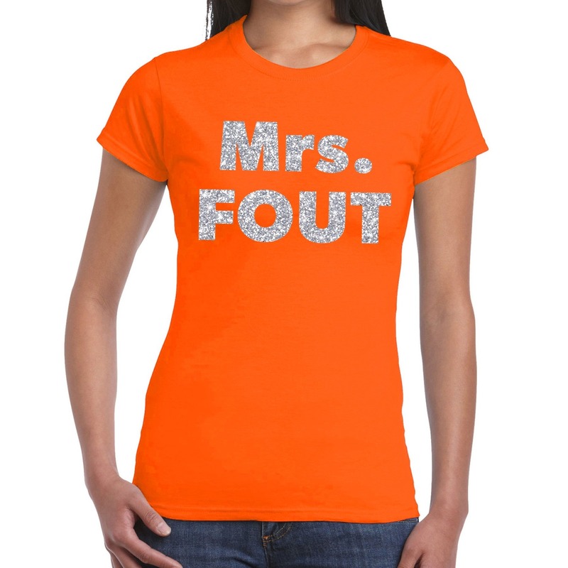 Verkleed t-shirt voor dames - Mrs. Fout - zilver glitter - oranje - foute party kleding