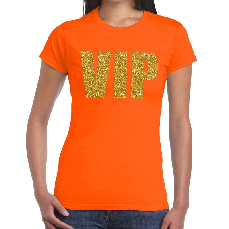 VIP tekst t-shirt - oranje - glitter and glamour thema - gouden glitter letters - dames