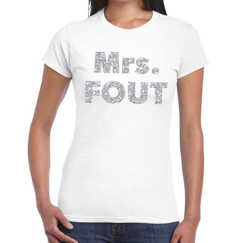 Verkleed t-shirt voor dames - Mrs. Fout - zilver glitter - wit - foute party kleding