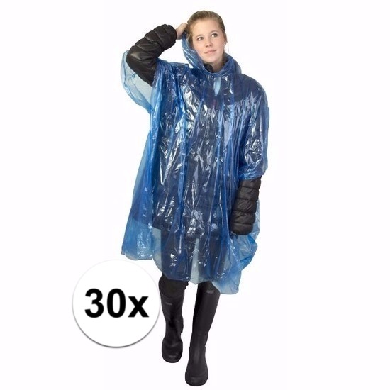 Wegwerp regenponcho - 30x - blauw - voor volwassenen - met capuchon - budget line